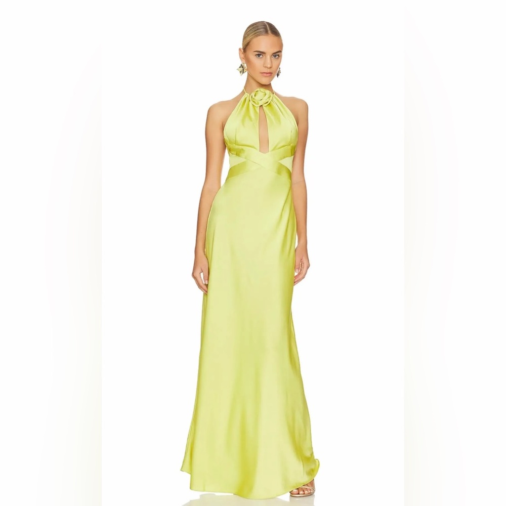 Ronny Kobo Wonder Halter Neck Rose Cut Out Gown Chartreuse